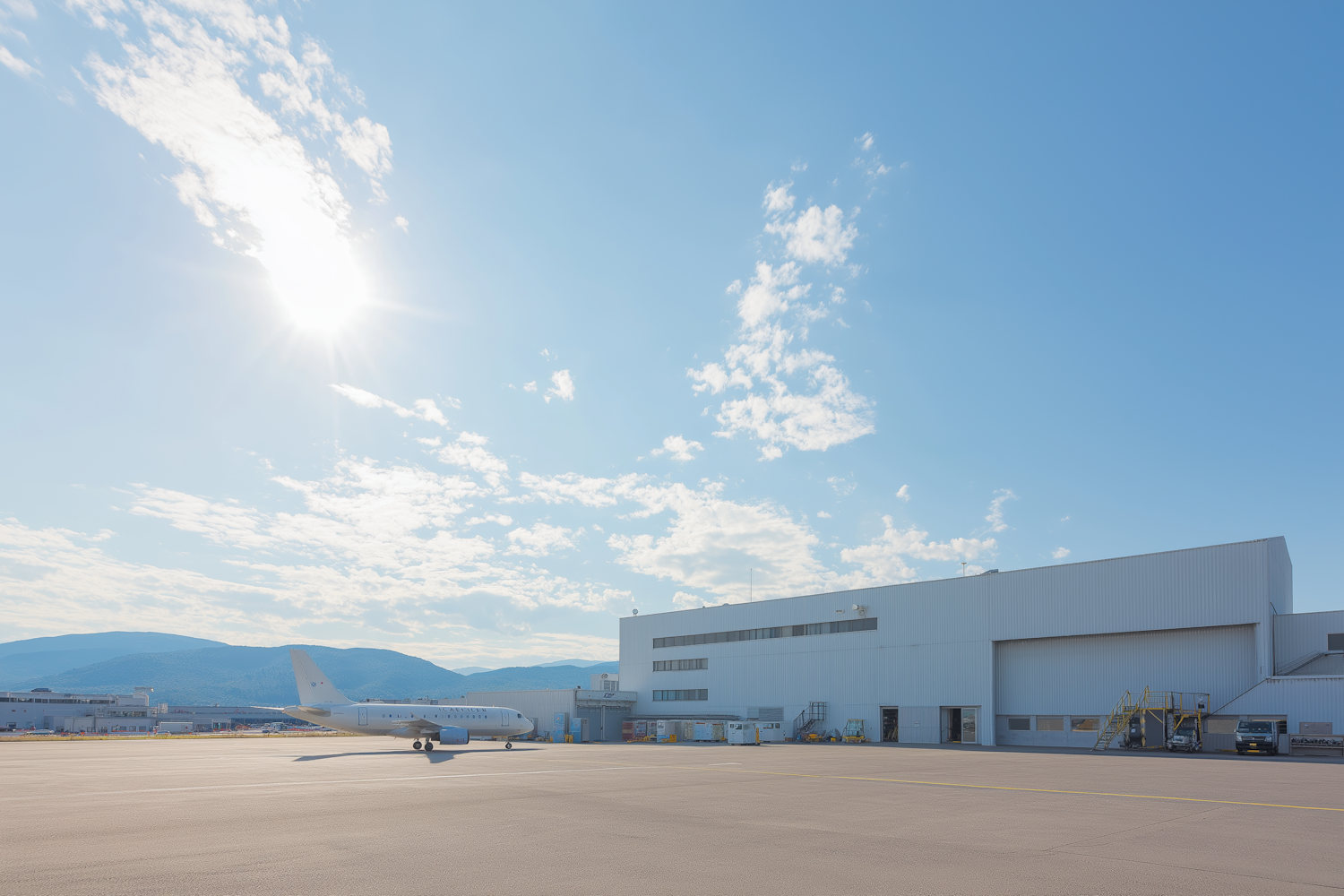 Apronda bekleyen bir jet ve arkasındaki büyük bakım hangarı